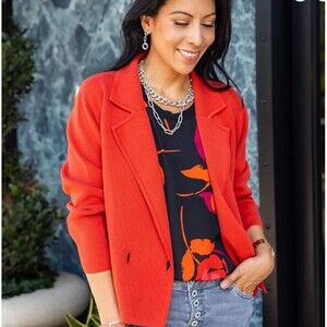 Cabi Coronation Sweater Knit Blazer Women M Red Pockets Preppy Twee Regency Work